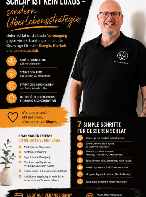 NEUER BLOGEINTRAG:
SCHLAF IST KEIN LUXUS - SONDERN ÜBERLEBENSSTRATEGIE
Viele Menschen trainieren Belastung.
Aber kaum jemand trainiert echte Regeneration.
SCHLAF IST KEIN LUXUS
Er ist die Grundlage für Energie, Konzentration, innere Ruhe und Gesundheit.
Wenn Dein System dauerhaft auf „Durchziehen“ läuft, sendet der Körper irgendwann klare Signale. Müdigkeit, Unruhe, schlechter Schlaf oder fehlende Energie sind oft kein Zufall.
Kleine Veränderungen können bereits viel bewirken:
✔ bewusste Atmung
✔ mehr Ruhephasen
✔ sanfte Bewegung
✔ Meditation
✔ echte Regeneration
Du möchtest lernen, besser herunterzufahren?
Dann begleite ich Dich gerne dabei.
👉 kostenloses Erstgespräch vereinbaren (Link in der Bio)
#TGe #Schlaf #Regeneration #Stressbewältigung #Meditation #Atemarbeit #Achtsamkeit #Gesundheit #BesserSchlafen #Entspannung #Yoga #CraniosacraleBegleitung #BurnoutPrävention #InnereRuhe #bohmte
