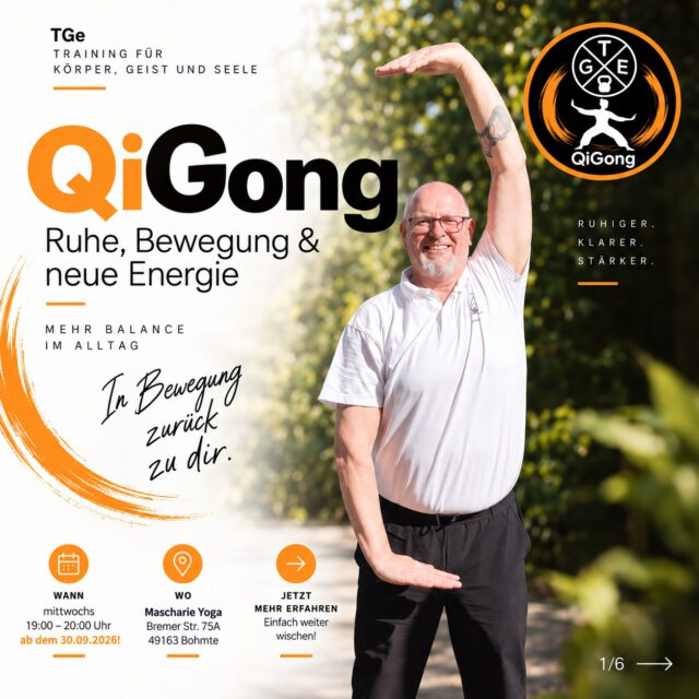 Du musst nicht sportlicher werden. Du darfst erst einmal ruhiger werden.
QiGong verbindet sanfte Bewegung, bewusste Atmung und Aufmerksamkeit. Ohne Leistungsdruck. Ohne komplizierte Abläufe. Und ohne das Gefühl, ständig etwas Neues lernen zu müssen.
Bei meinem wöchentlichen QiGong-Angebot gehen wir bewusst Schritt für Schritt:
Grundlagen kennenlernen
Bewegungen wiederholen und vertiefen
lockerer werden und bewusst durchatmen
Übungen mitnehmen, die auch zuhause funktionieren
📍 Mascharie Yoga | Bohmte
📅 mittwochs | 19:00–20:00 Uhr
💶 15 € einzeln | 120 € 10er-Karte
Hansefit: kostenlos (demnächst epassy)
Du brauchst keine Vorkenntnisse und musst weder besonders beweglich noch sportlich sein.
Mein Motto:
Nicht ständig Neues. Wiederholen. Vertiefen. Ankommen.
👉 Interesse? Schreib mir einfach eine Nachricht oder komm mit deinen Fragen auf mich zu.
#QiGong #Bohmte #OsnabrückerLand #Entspannung #Stressabbau #Achtsamkeit #Bewegung #Gesundheit #BalanceImAlltag #TGeTraining