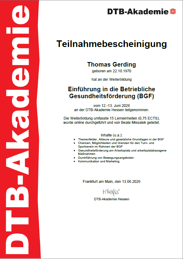 Teilnahmebescheinigung BGF vom DTB